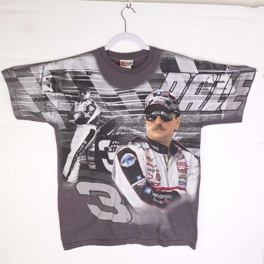 Vintage Dale Earnhardt Shirt Mens Medium Gray NASCAR Racing All Over Print 90s